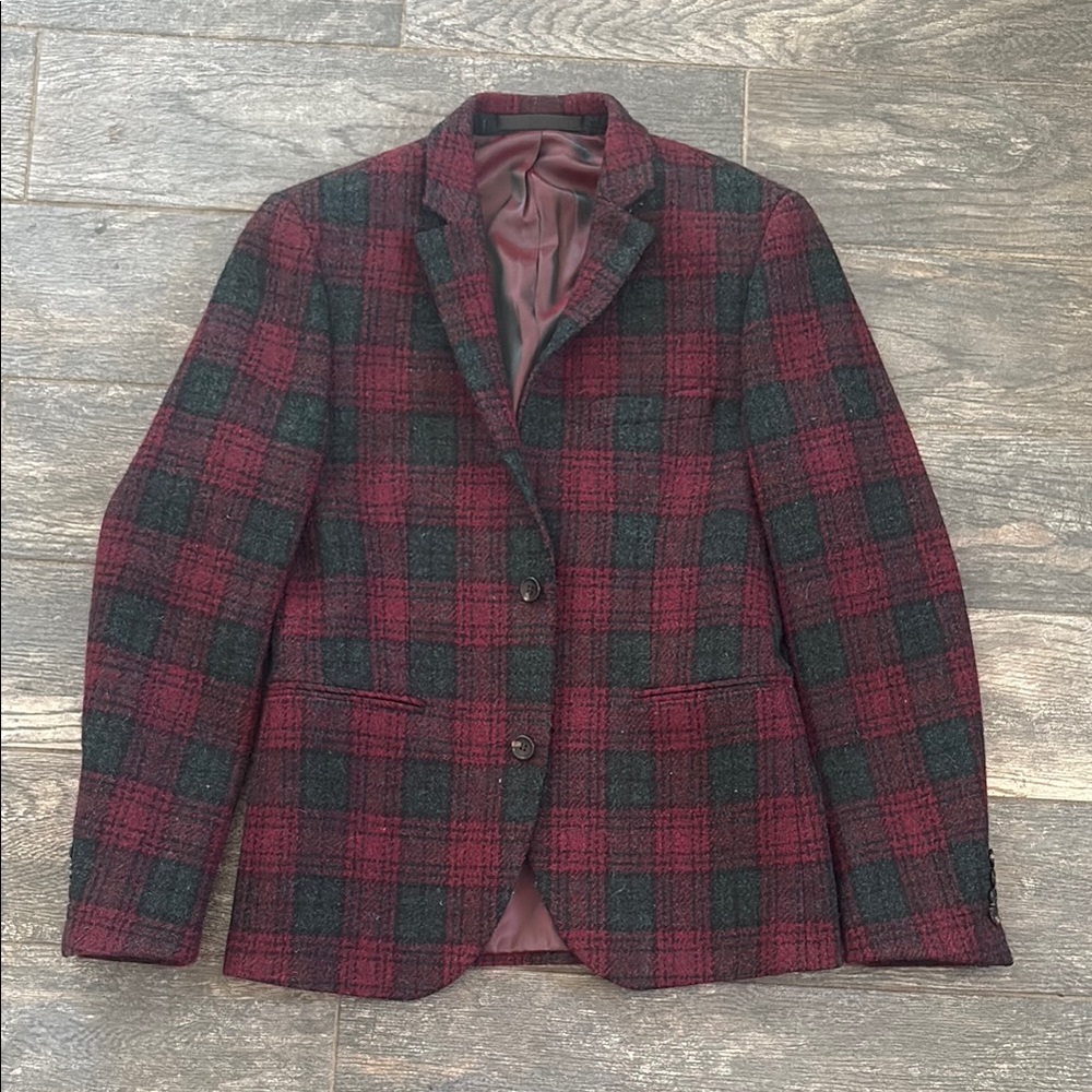 Topman Plaid Harris Tweed Wool Blazer - Red and Green